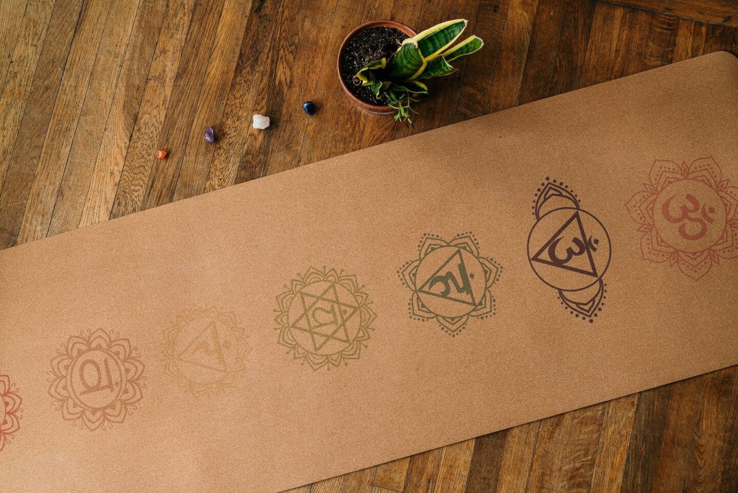Cork yoga mat with 7 chakras
