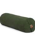 An olive green cylindrical yoga bolster pillow with a small cork logo patch, shown on a clean white background