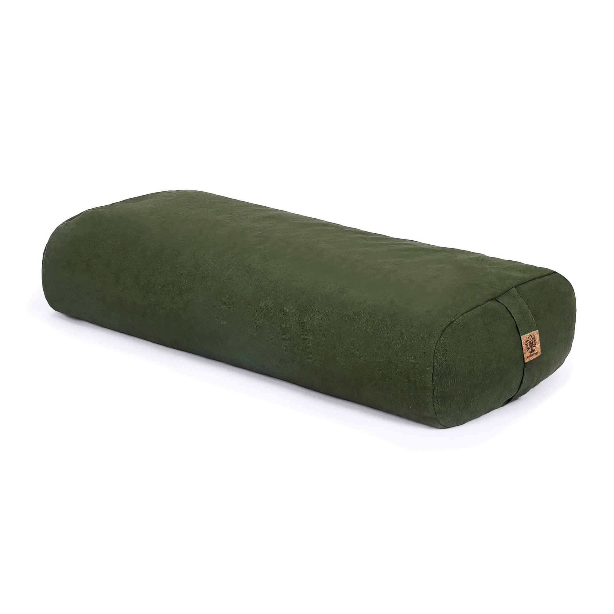 An olive green rectangular bolster pillow with a small brown cork tag on the end, shown on a clean white background