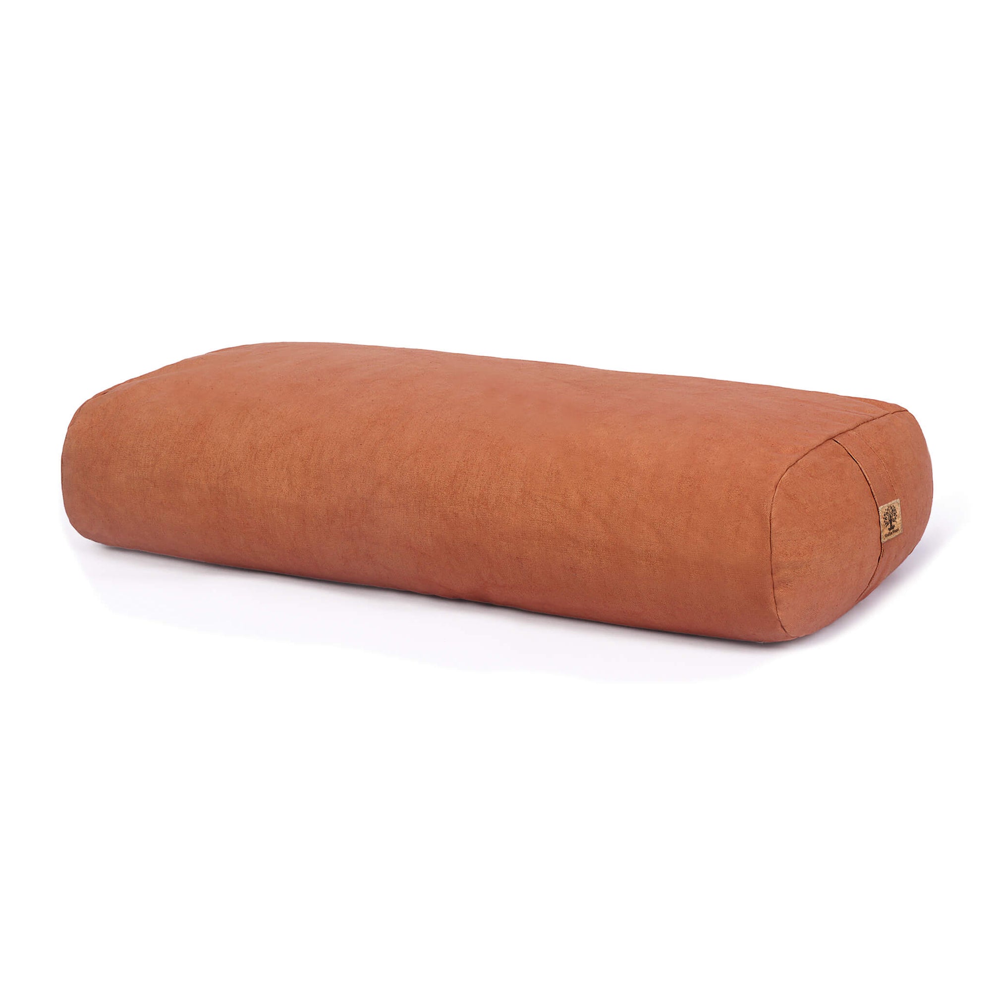 A rectangular lumbar bolster in a warm pink or orange colour, made of textured fabric, shown on a clean white background