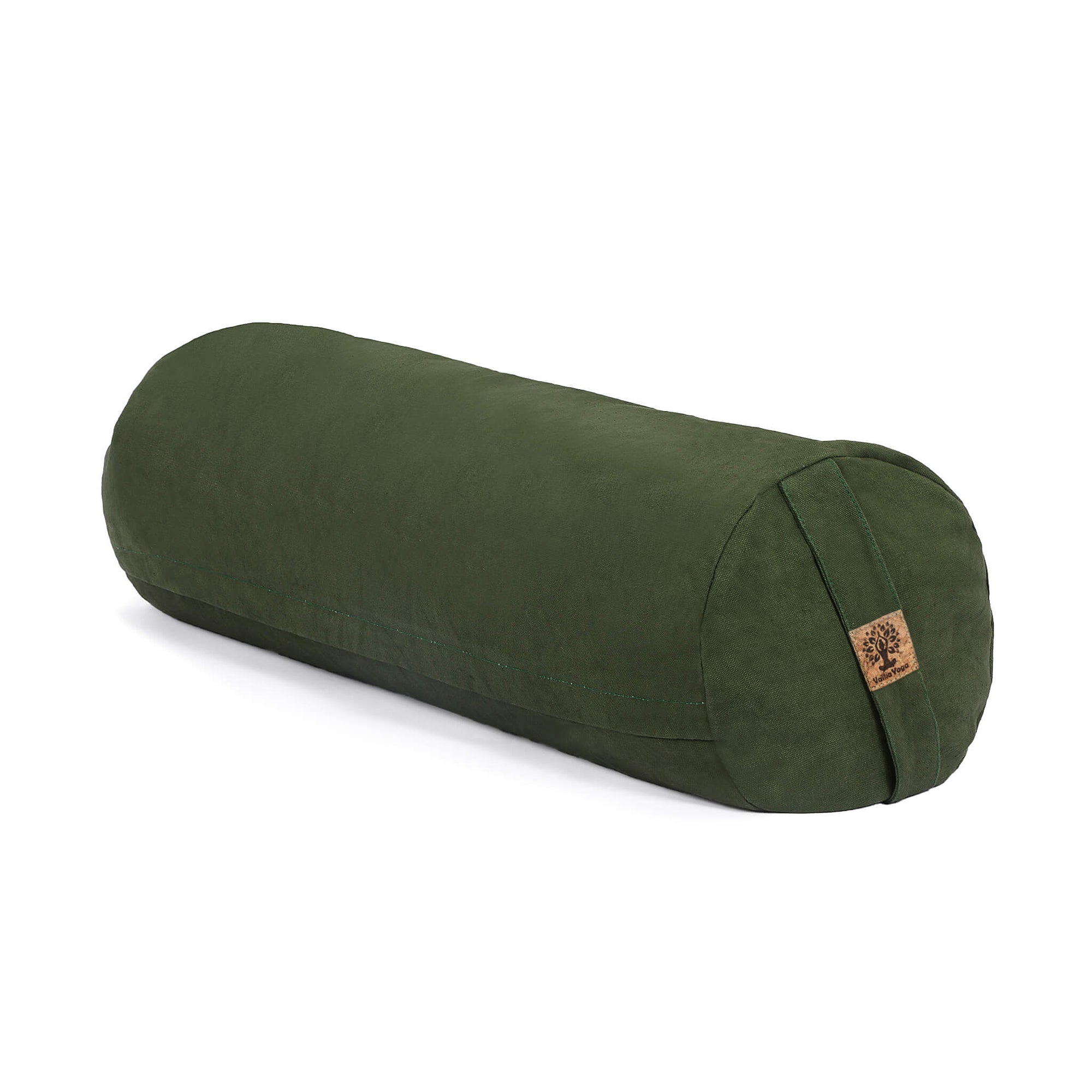 An olive green cylindrical yoga bolster pillow with a small cork logo patch, shown on a clean white background