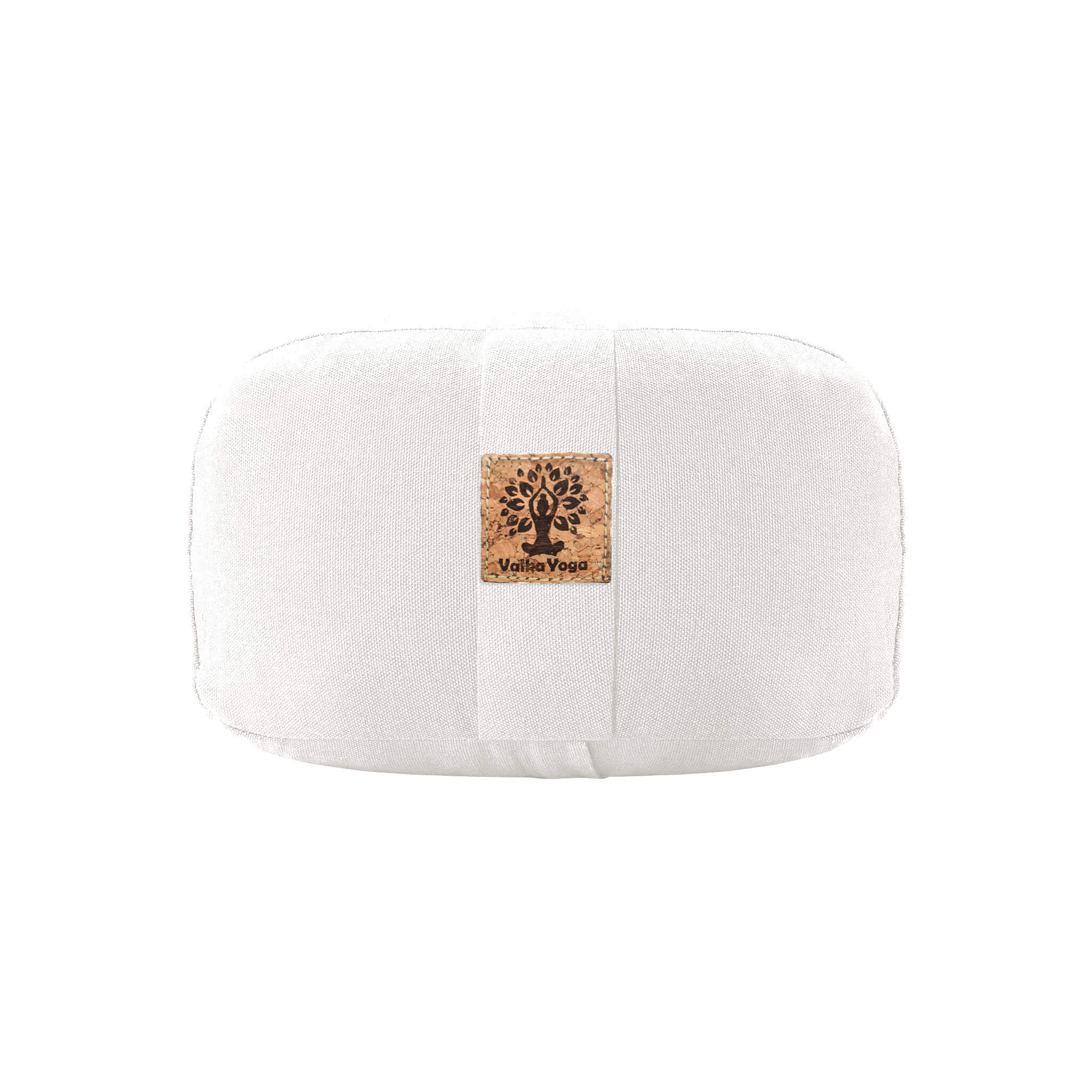 White yoga bolster with cork label